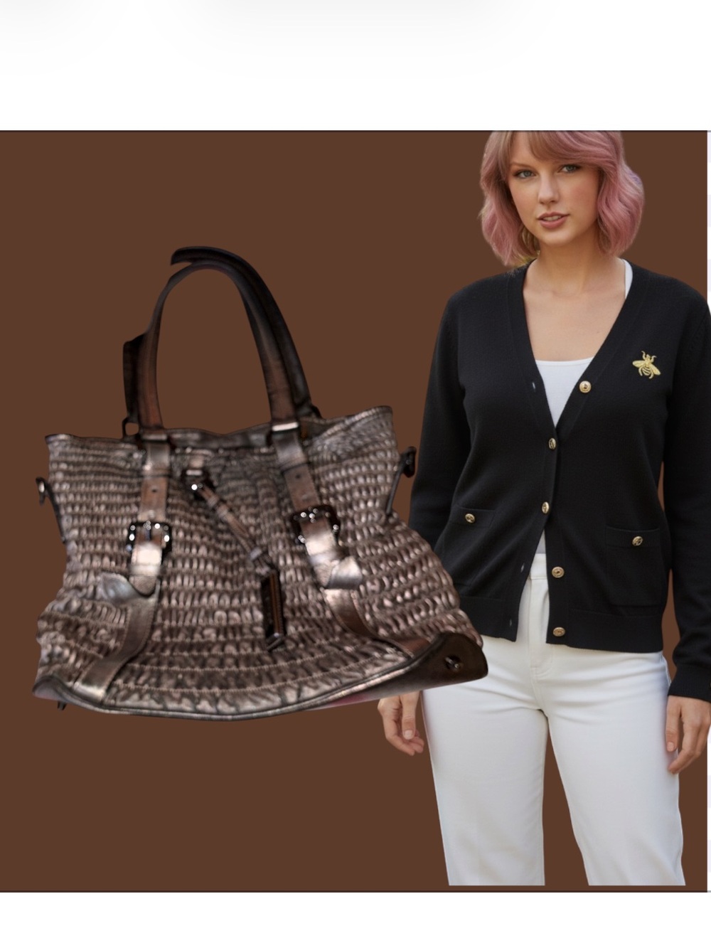 Burberry Metallic Gray Leather Woven Satchel